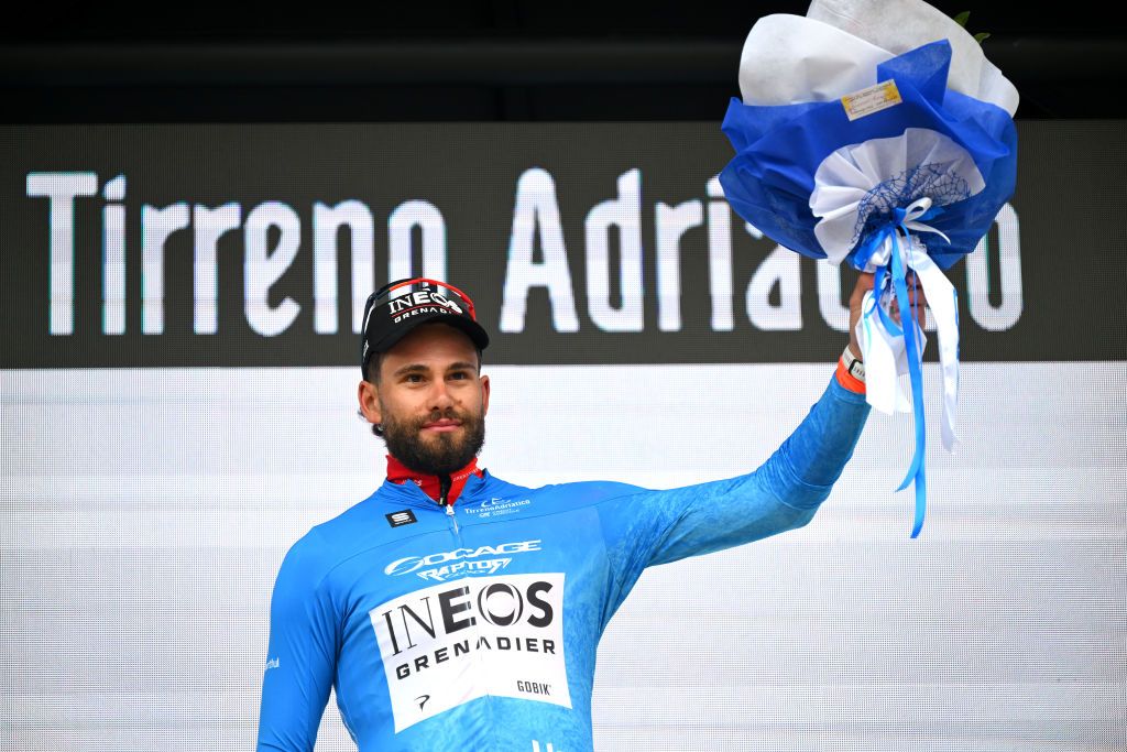 TRASACCO ITALY MARCH 13 Filippo Ganna of Italy and Team INEOS Grenadiers celebrates at podium as Blue Leader Jersey winner during the 60th TirrenoAdriatico 2025 Stage 3 a 190km stage from Norcia to Trasacco UCIWT on March 13 2025 in Trasacco Italy Photo by Tim de WaeleGetty Images