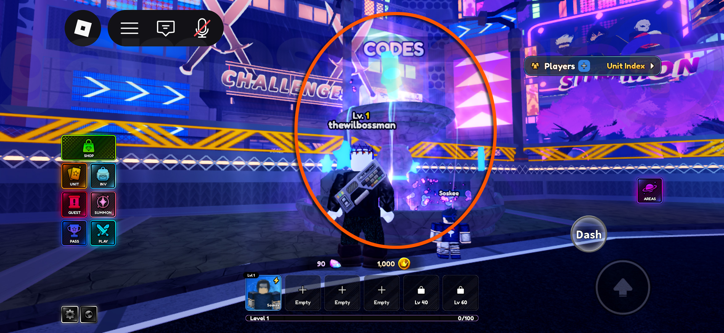 An orange circle indicating where to go in the lobby to access the menu used to redeem Anime Galaxies codes
