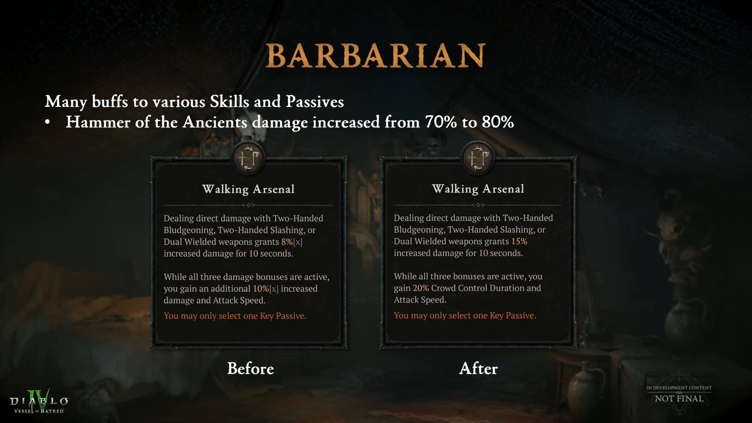 Slides showing improvements to Barbarian builds