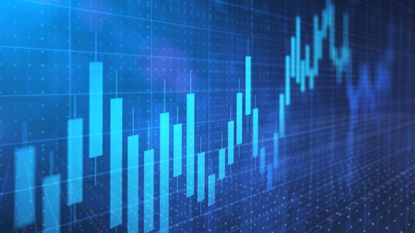 close up of digital blue stock chart with light blue bars