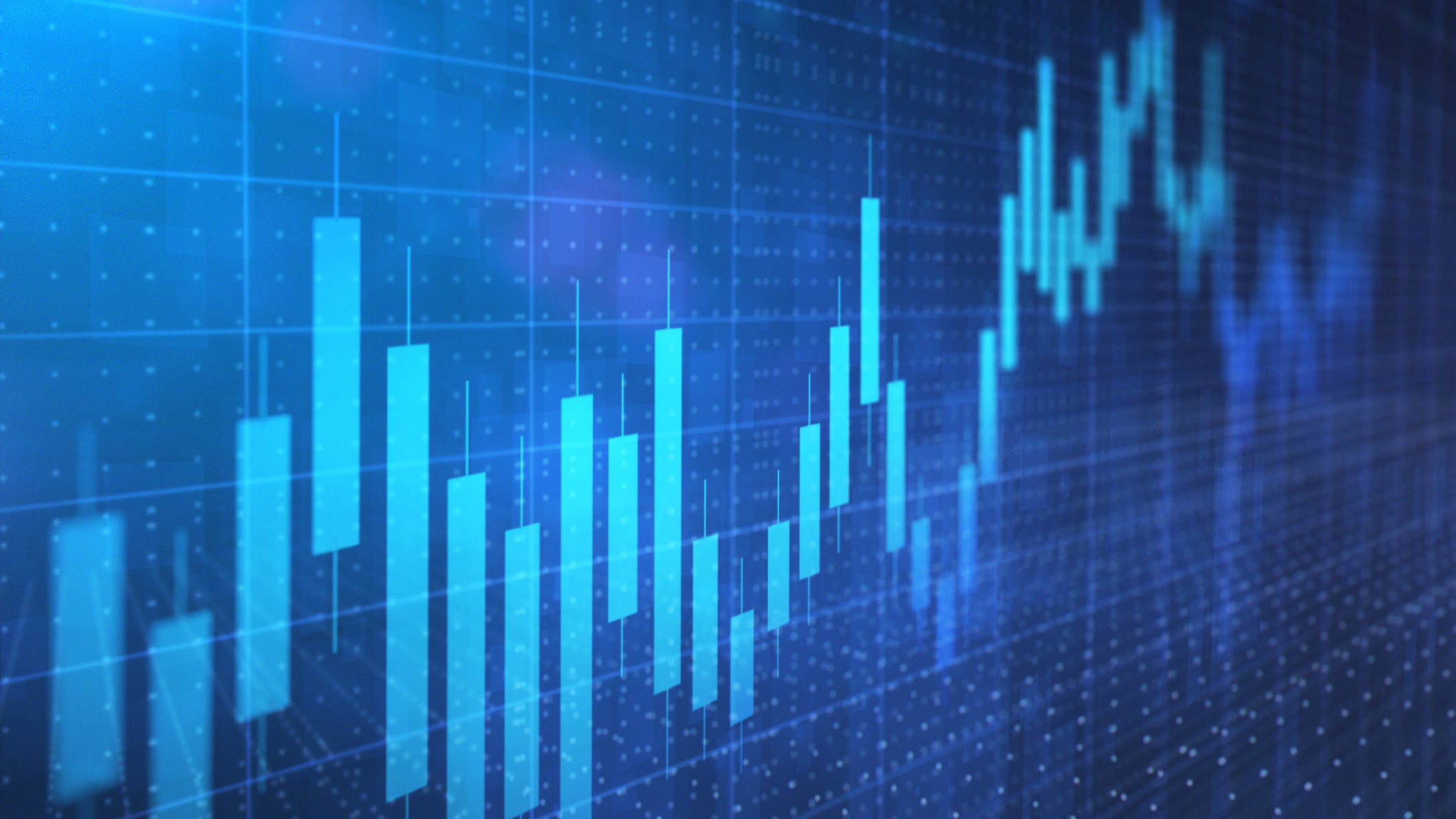 close up of digital blue stock chart with light blue bars