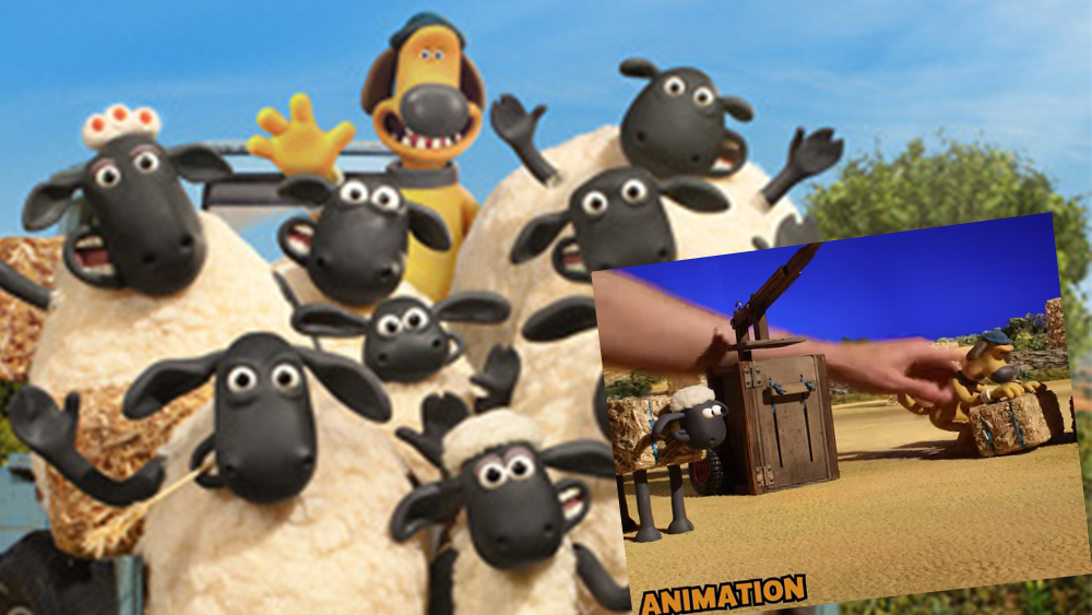 Shaun the Sheep flock of sheep with Bitzer the dog and an image from a behind-the-scenes animation video