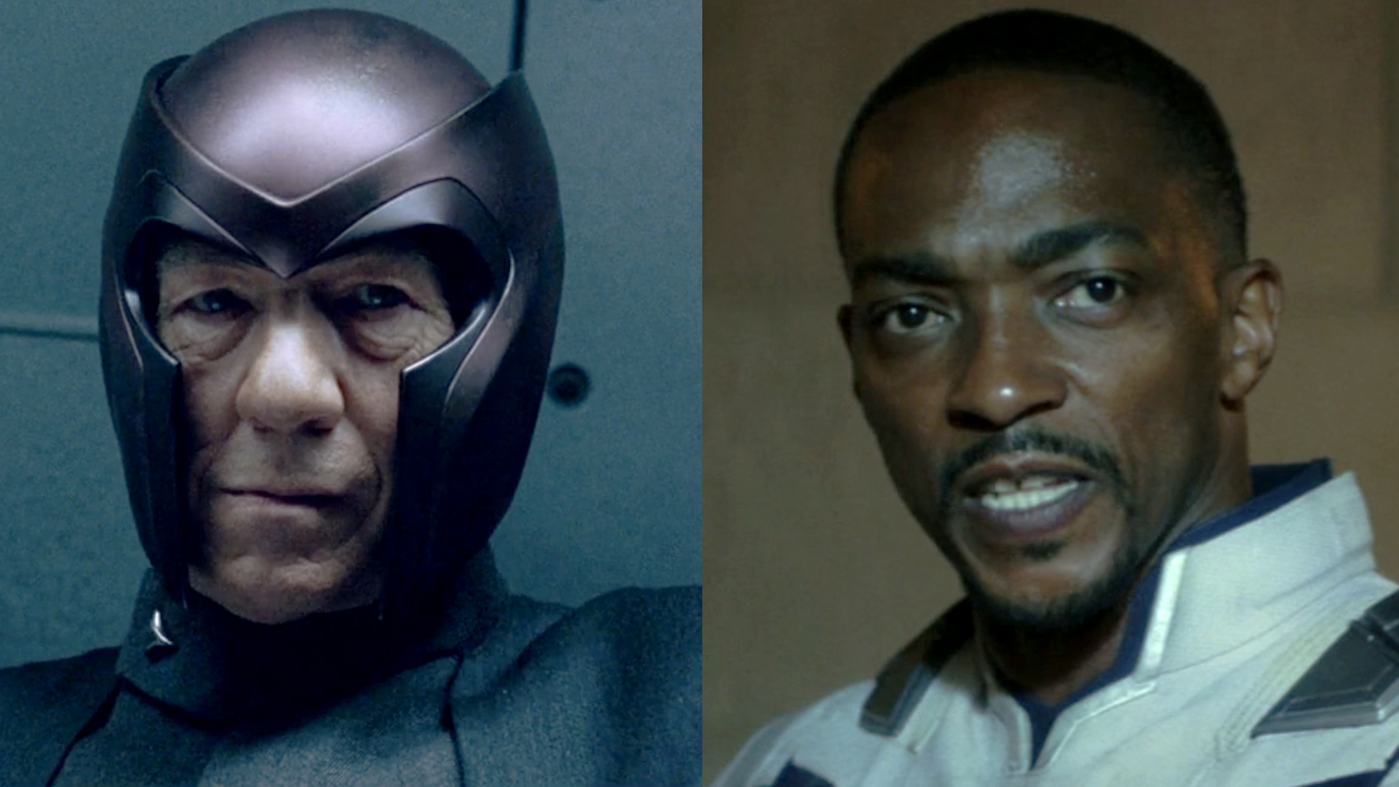 Ian McKellen wearing iconic purple metal helmet as Magneto in X-Men: Last Stand, Anthony Mackie suited up in white Cap suit in Captain America: Brave New World.