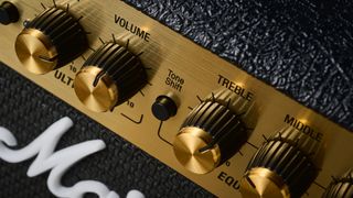 Close up of the Tone Shift button on the Marshall DSL1CR tube amp