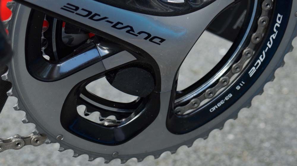 A close-up of the unmarked Shimano power metre central unit