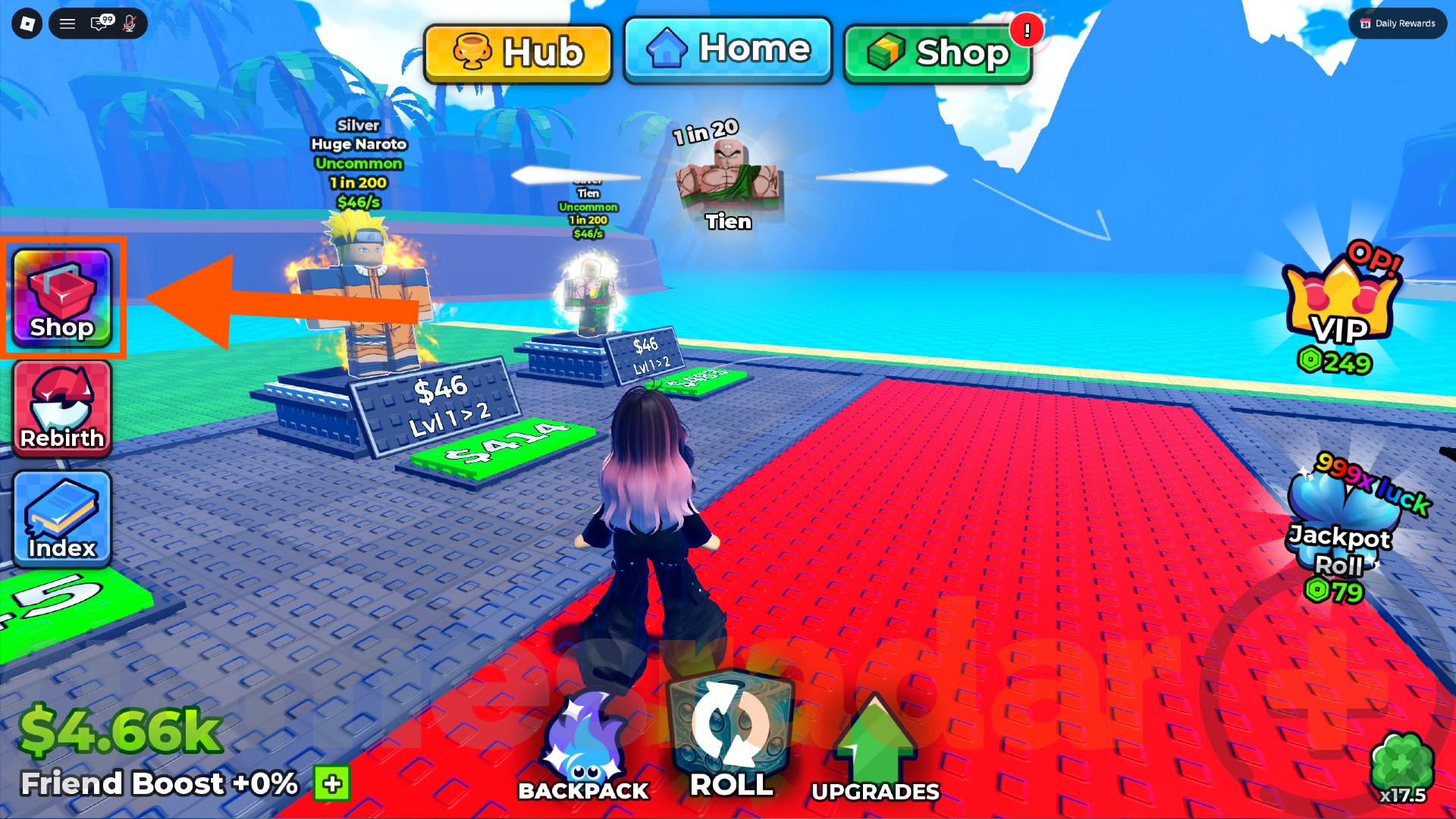 An orange arrow points to the Shop button where you can redeem Anime Dice codes.