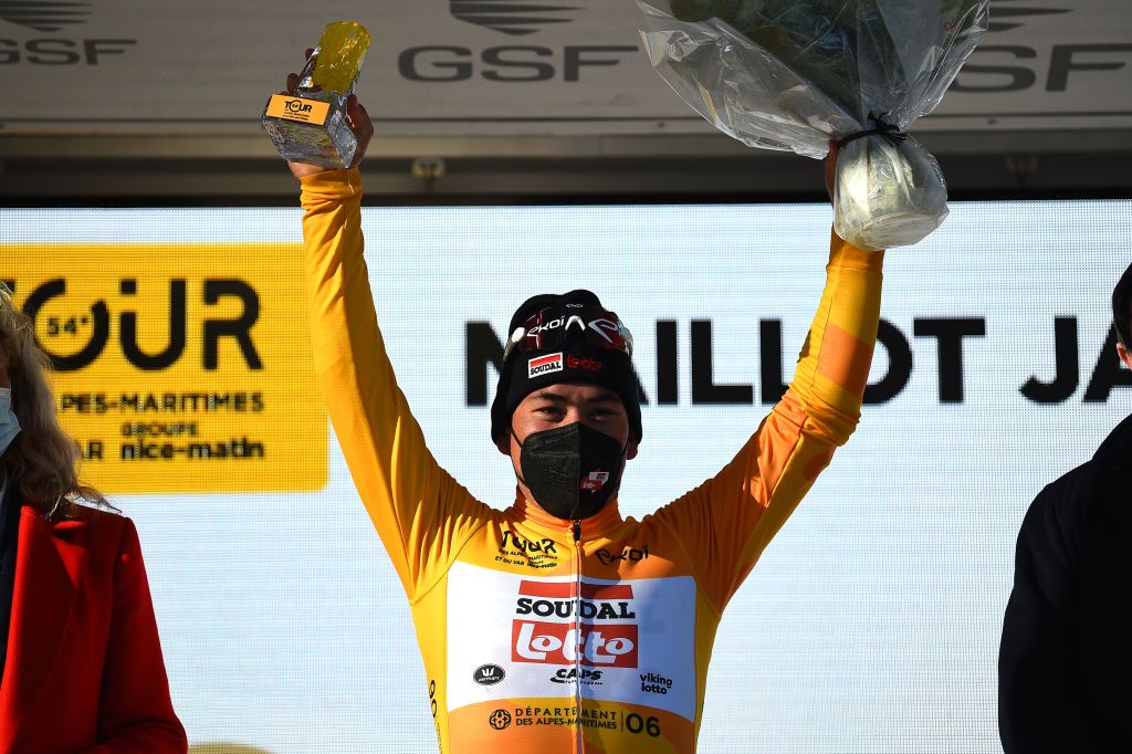 LA SEYNESURMER FRANCE FEBRUARY 18 Caleb Ewan of Australia and Team Lotto Soudal celebrates winning the yellow leader jersey on the podium ceremony after the 54th Tour Des Alpes Maritimes Et Du Var 2022 Stage 1 a 176km stage from Saint Raphal to La SeynesurMer TDHV22 on February 18 2022 in La SeynesurMer France Photo by Dario BelingheriGetty Images