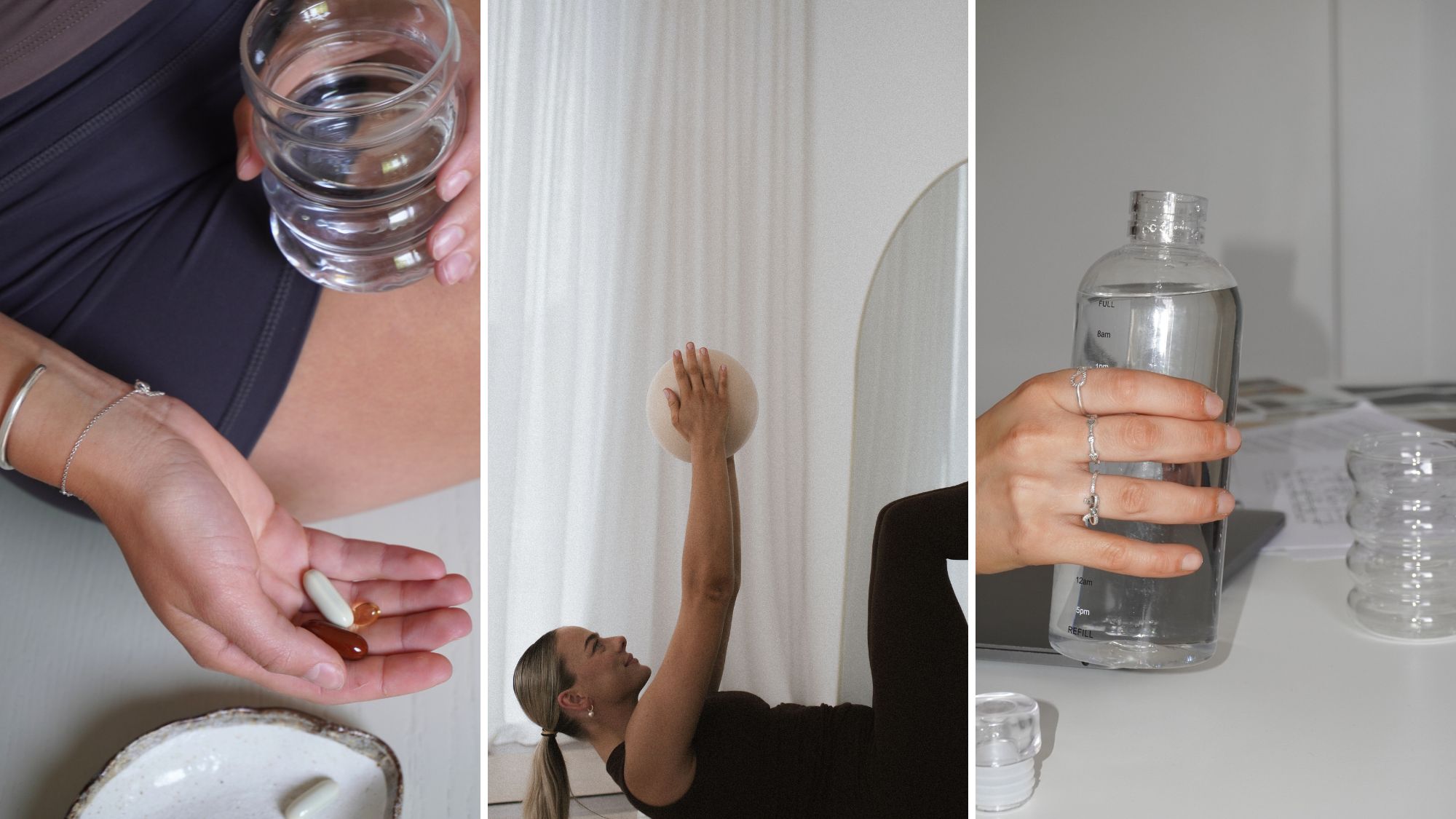 A woman working out; taking supplements; and drinking water.