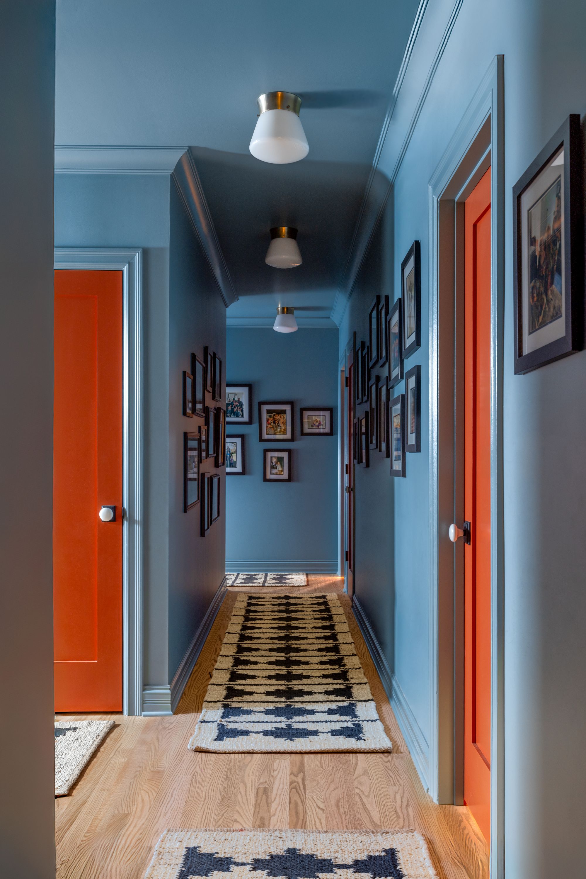 sky blue color drenched hall way with poppy orange doors, and carpets lining the wooden floors