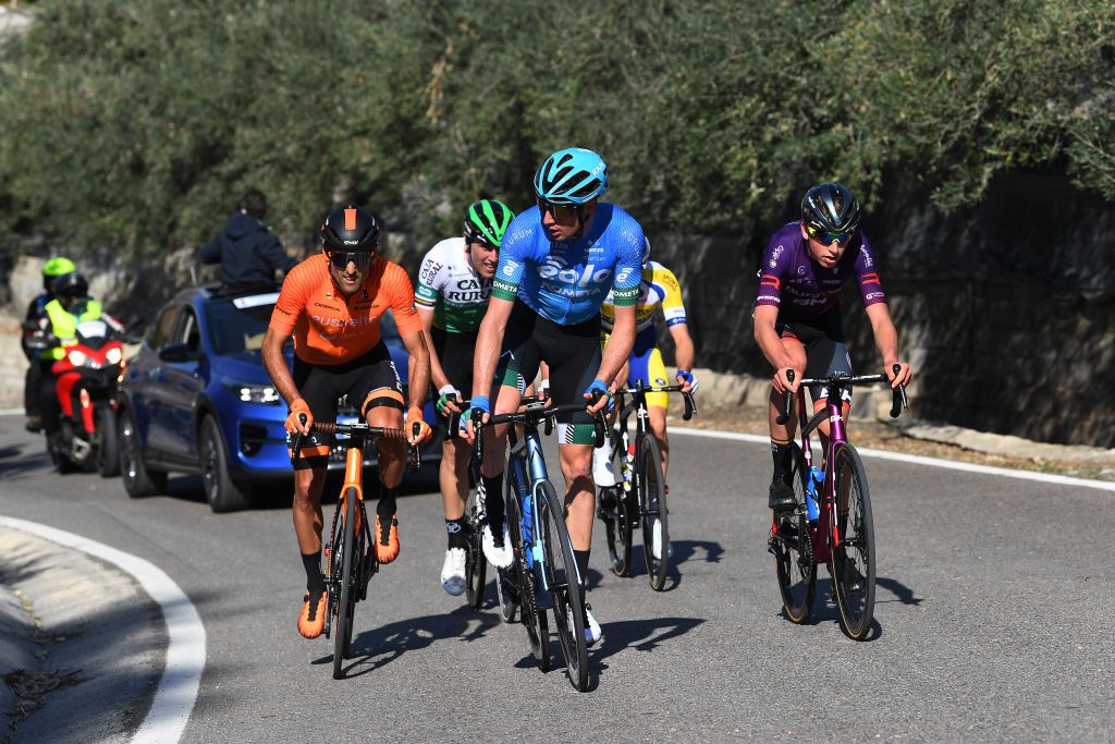 ROQUETAS DE MAR SPAIN FEBRUARY 14 Luis Angel Mate Mardones of Spain and Team EuskaltelEuskadi Davide Bais of Italy and EoloKometa Cycling Team Alex Molenaar of The Netherlands and Team BurgosBH during the 34th Clsica de Almeria 2021 a 1833km race from Pueblo de Vicar to Roquetas de Mar Breakaway ClasicaAlmeria21 on February 14 2021 in Roquetas de Mar Spain Photo by Tim de WaeleGetty Images
