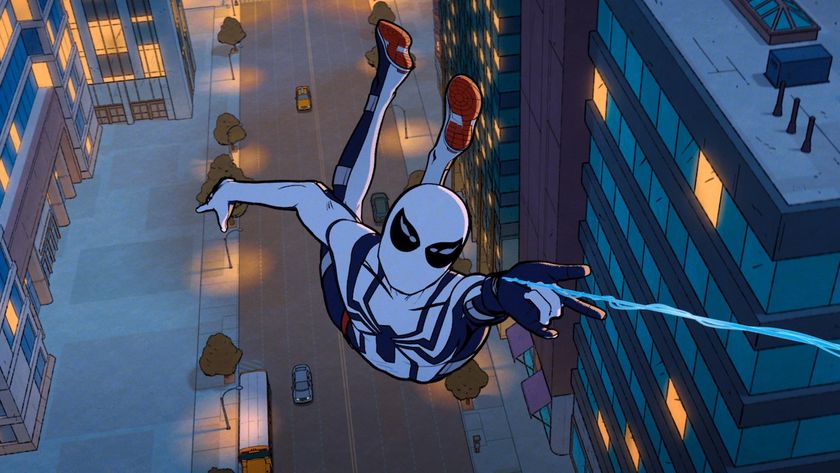 Spider-Man in his white suit web swinging in Your Friendly Neighborhood Spider-Man