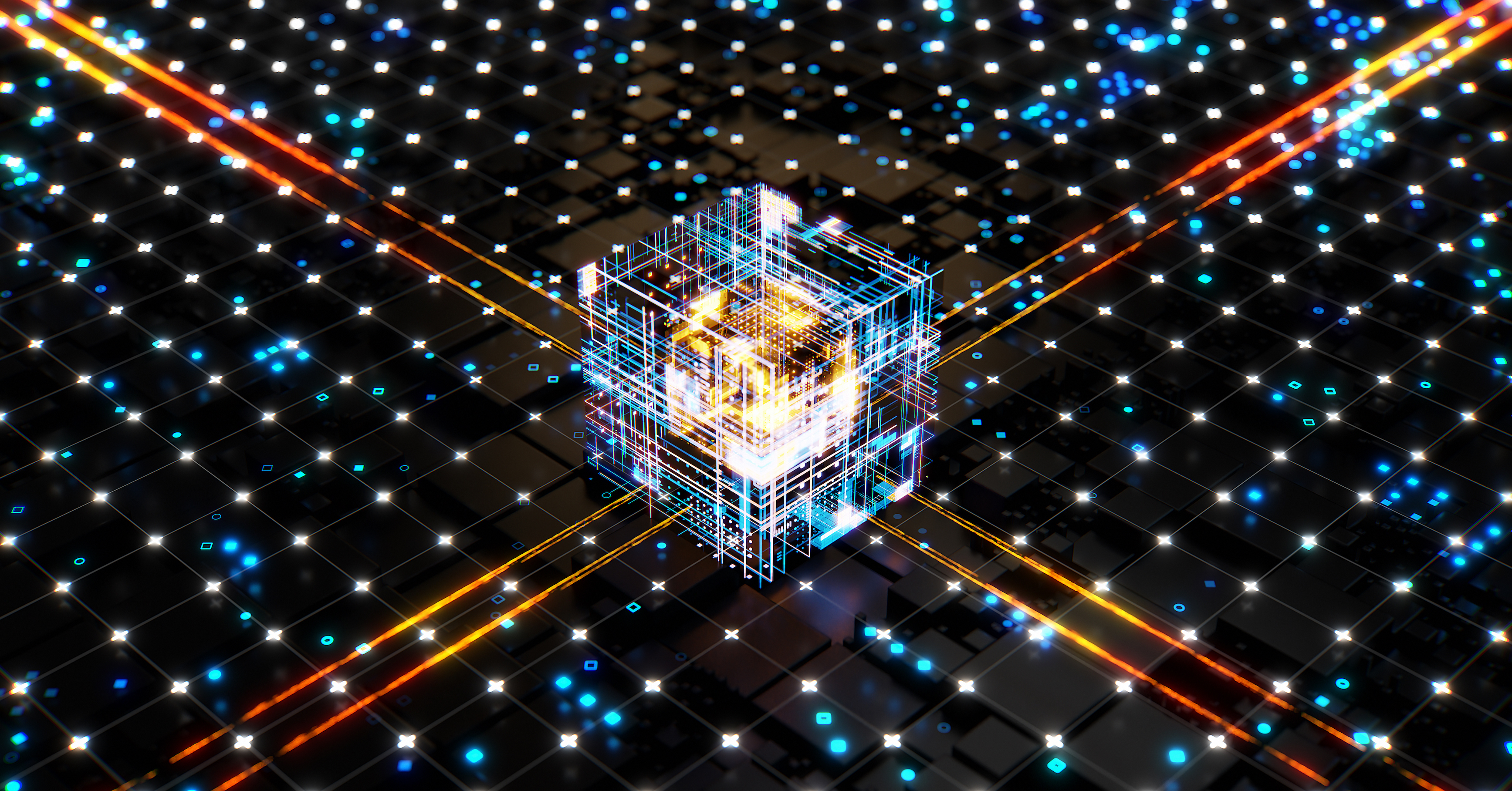 Artistic depiction of how a quantum computer works, connecting numerous points at varying distances apart.