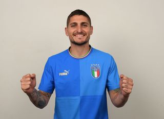Marco Verratti of Italy poses during an official portrait session at Centro Tecnico Federale di Coverciano on May 27, 2022 in Florence, Italy.
