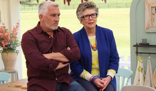 Great British Baking Show Paul and Prue sitting in the tent