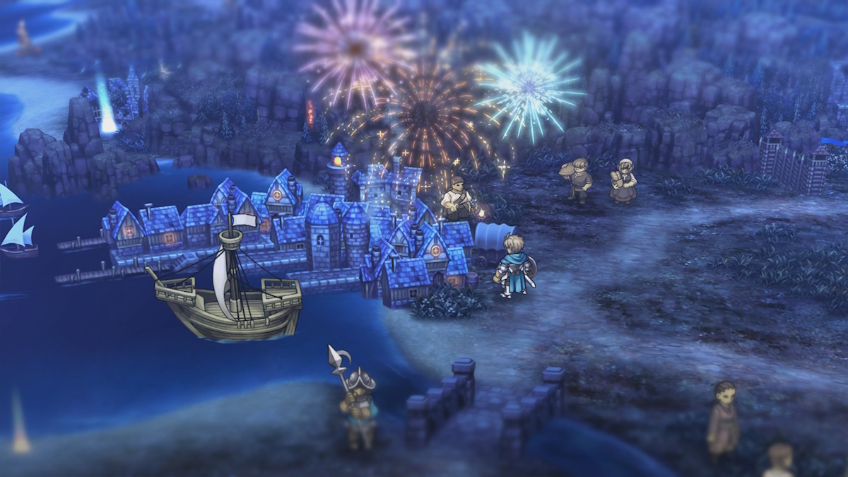 Unicorn Overlord map screenshot featuring a town and fireworks