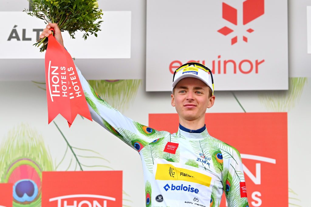 ALTA NORWAY AUGUST 17 Noah Vandenbranden of Belgium and Team FlandersBaloise celebrates at podium as Polka Dot Mountain Jersey winner during the 10th Arctic Race of Norway Stage 1 a 171km stage from Kautokeino to Alta UCIWT on August 17 2023 in Alta Norway Photo by Luc ClaessenGetty Images