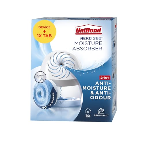 Unibond Aero 360&amp;ordm; Moisture Absorber, 1 Device Incl. 1 Refill Tab 450g, Ultra-Absorbent Dehumidifier, Helps Prevent Condensation, Recyclable, Refillable Condensation Absorber, Original Scent