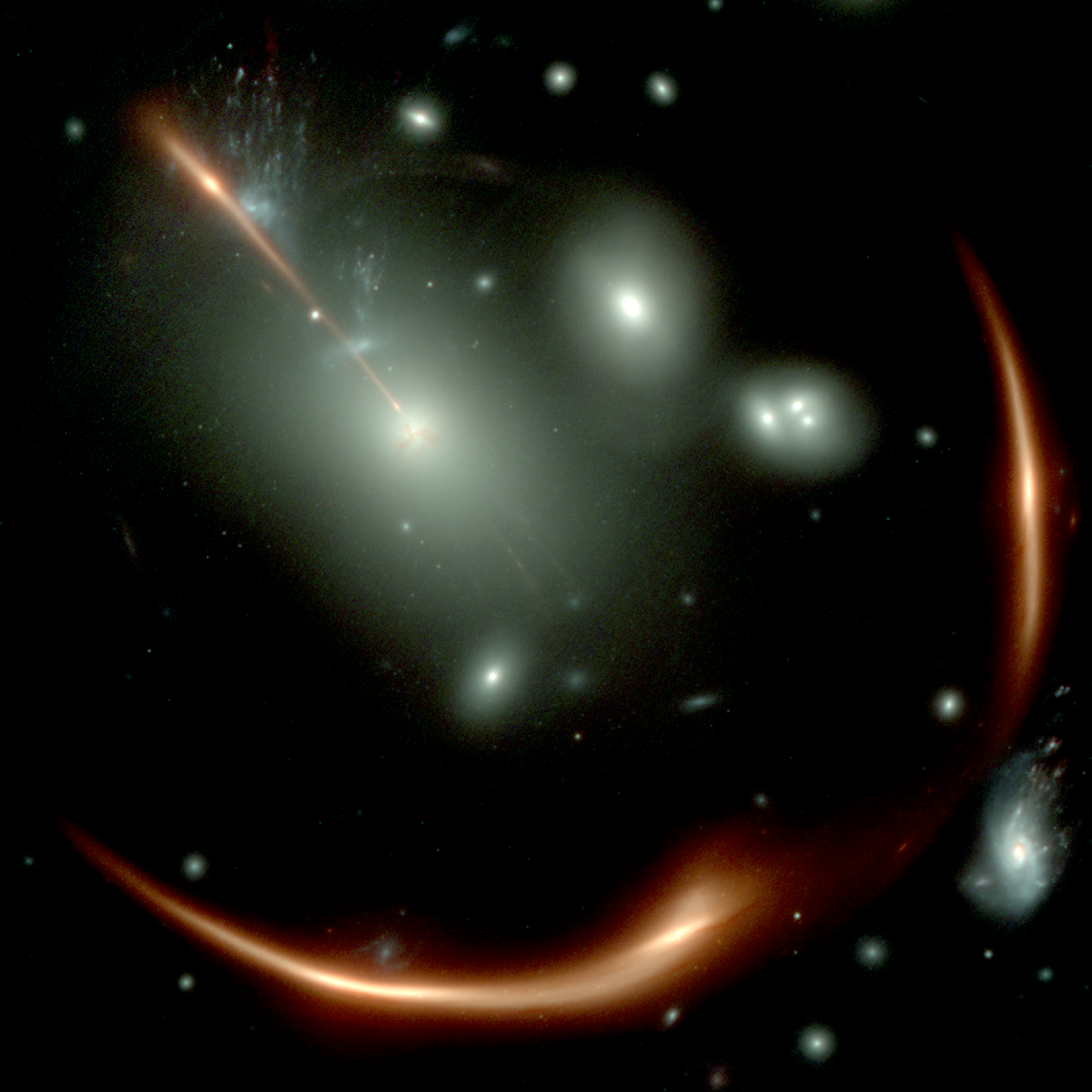 A black image of space with white, almost green blobs in front. Two orange stripes are also visible in the foreground.
