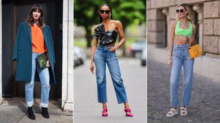 Three women wearing straight leg jeans to illustrate the different types of jeans for women