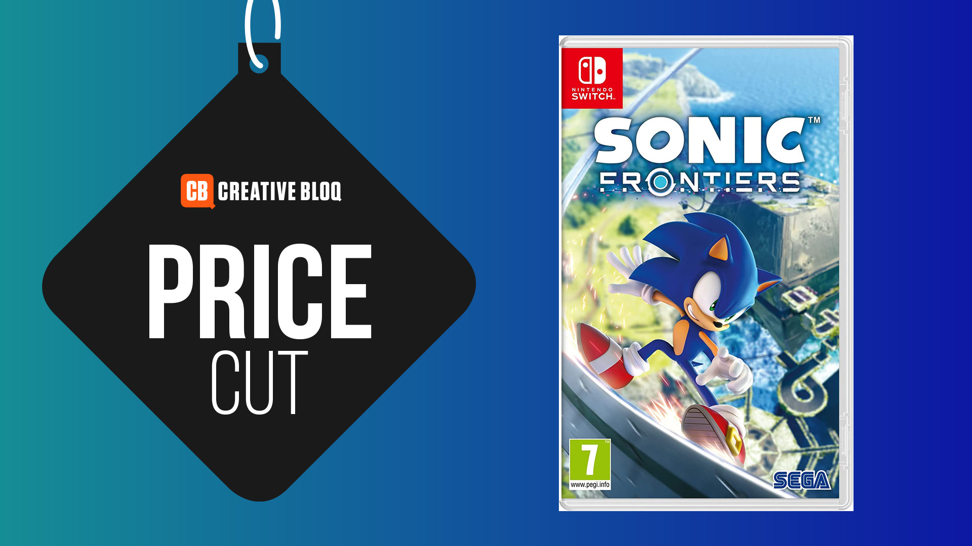 A product shot of the Sonic Frontiers game on a blue background with the words price cut