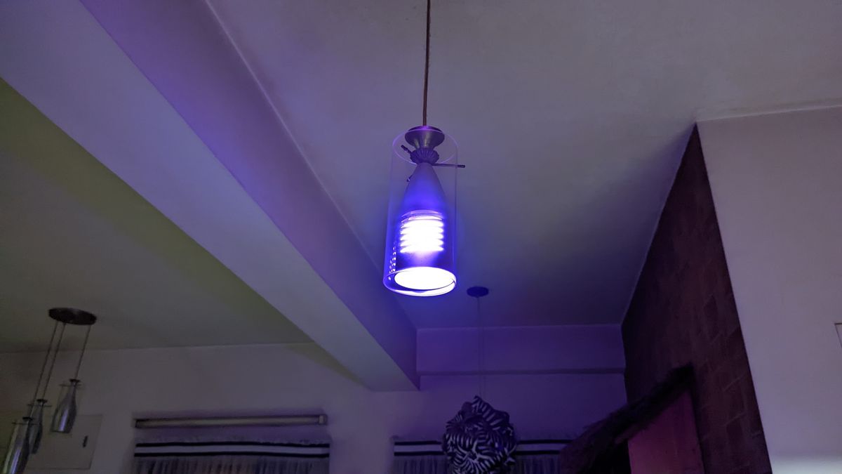 SwitchBot smart color light bulb installed in a light fixture hanging from a wall