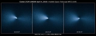 Hubble Space Telescope captured these images of Comet 252P/LINEAR on April 4, 2016, about two weeks after the object streaked past Earth, using the observatory's Wide Field Camera 3. The comet passed by Earth at a distance of just 3.3 million miles (5.2 million kilometers), which is about 14 times the Earth-moon distance.