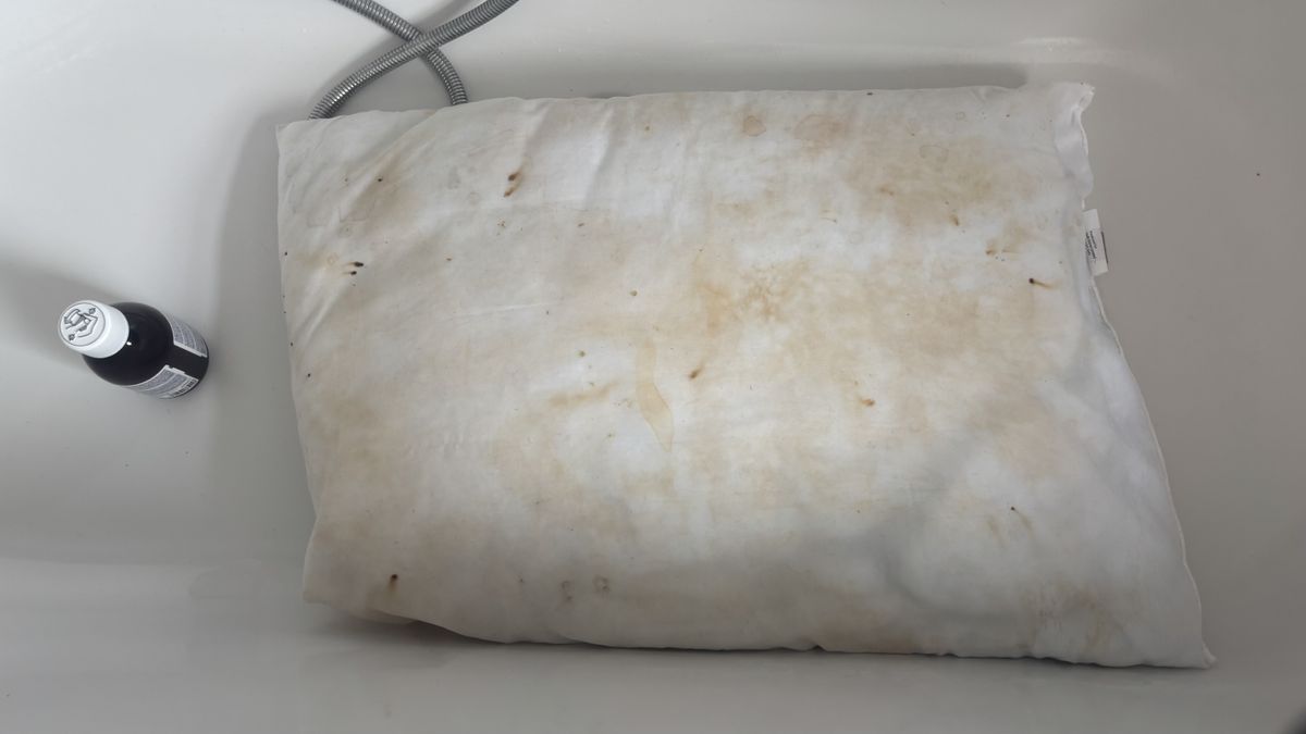 A stained pillow in an empty bathtub.
