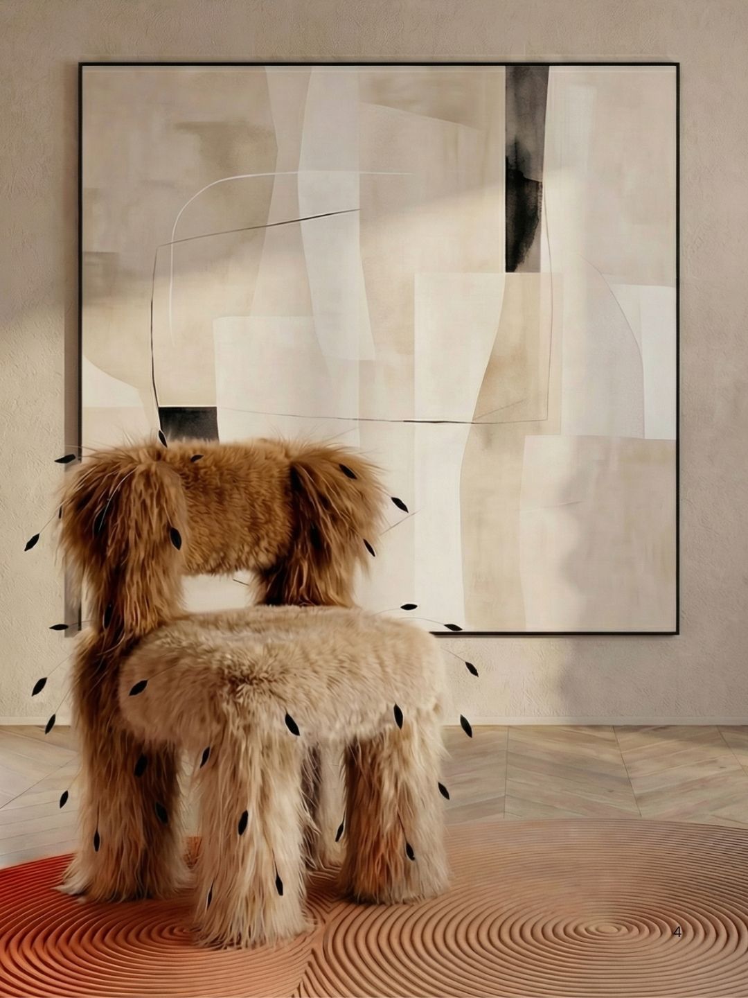 An accent chair covered in light brown hair with little black feathers popping out all over it. It sits in a beige room with a large art piece on the back wall and an orange rug underneath.