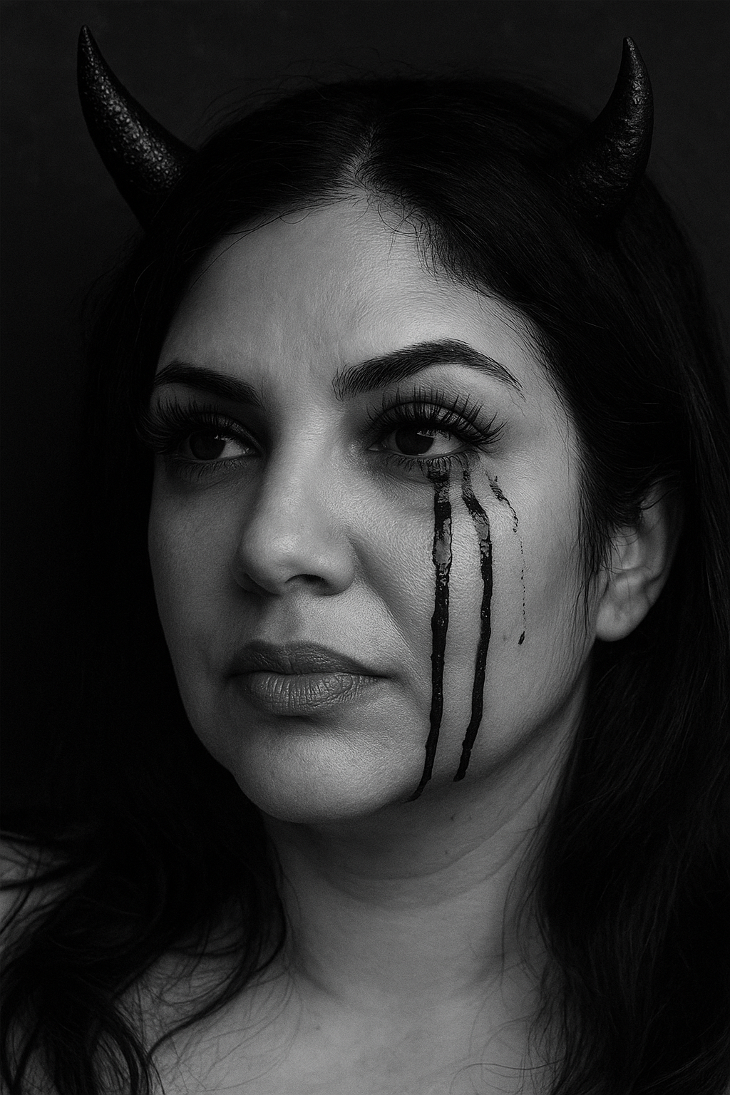 Ariane Sherine with horns black and white