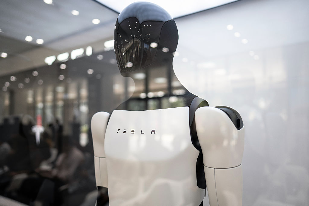 A Tesla Inc. Optimus robot displayed at the company's Experience and Service Center in Gurugram, India, on Wednesday, Nov. 26, 2025