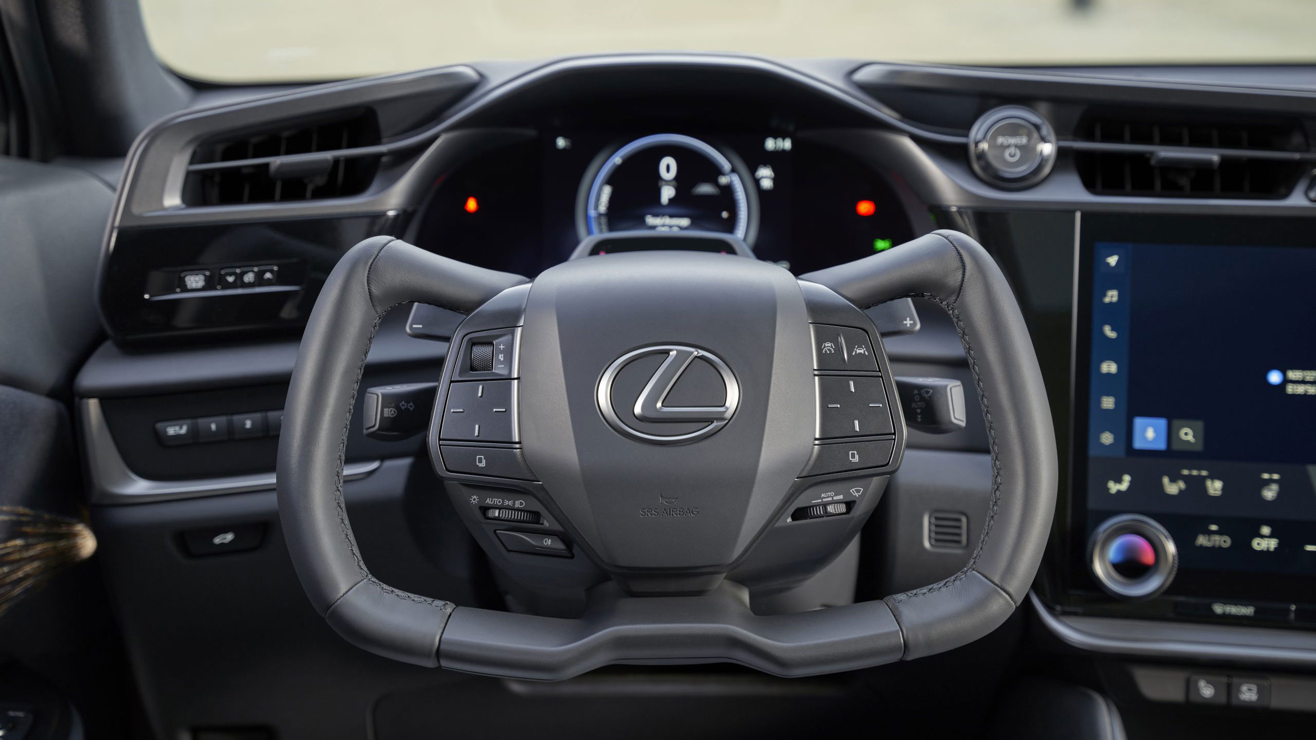 Close-up of yoke steering wheel in the Lexus RZ 450e