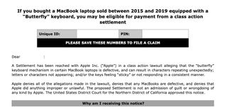 the start of a MacBook Keyboard Litigation Settlement email.