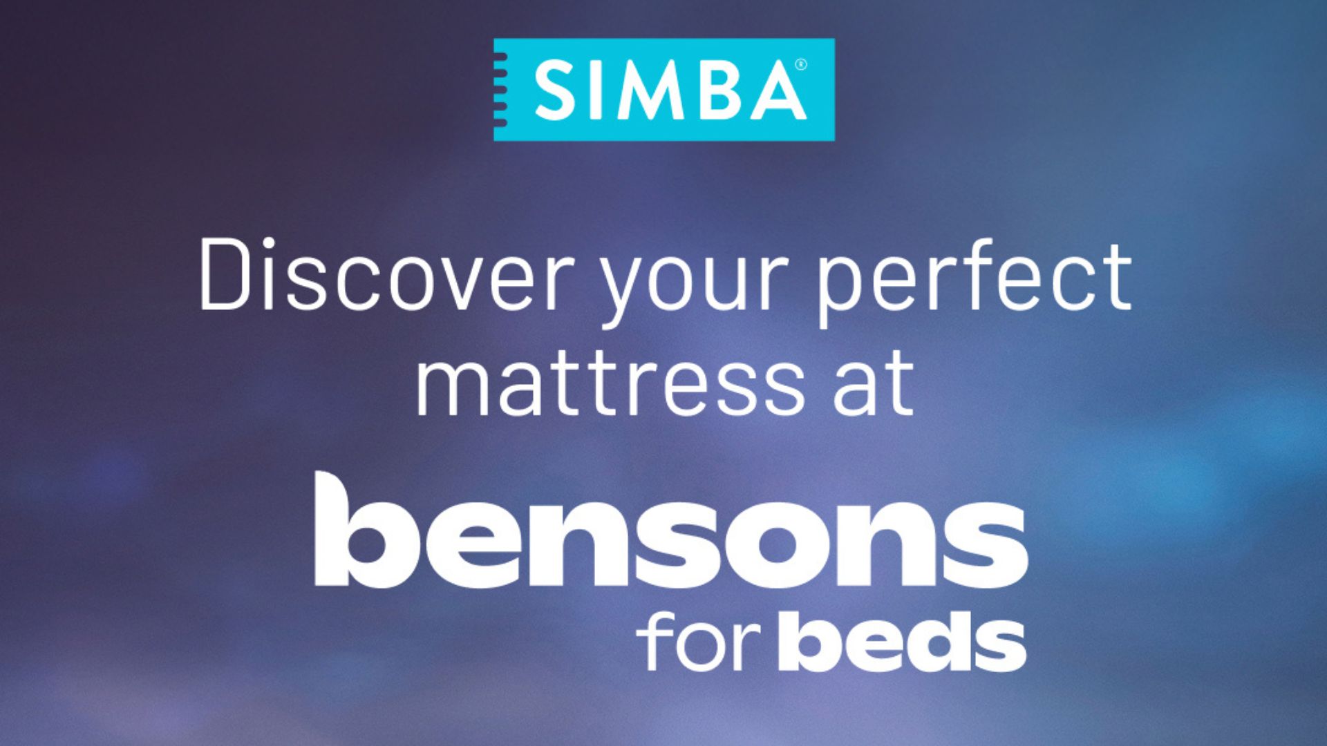 The Simba logo against a blue / purple background with the following white writing: 'Discover your perfect mattress at Benson for Beds'