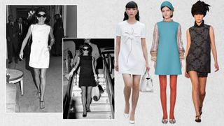 Jackie Kennedy in a white shift dress and a black shift dress with models from Oscar de la Renta, Valentino, and Max Mara Resort 2025