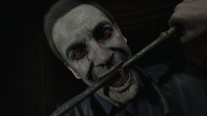 A zombie police officer bits a poker in Resident Evil Requiem