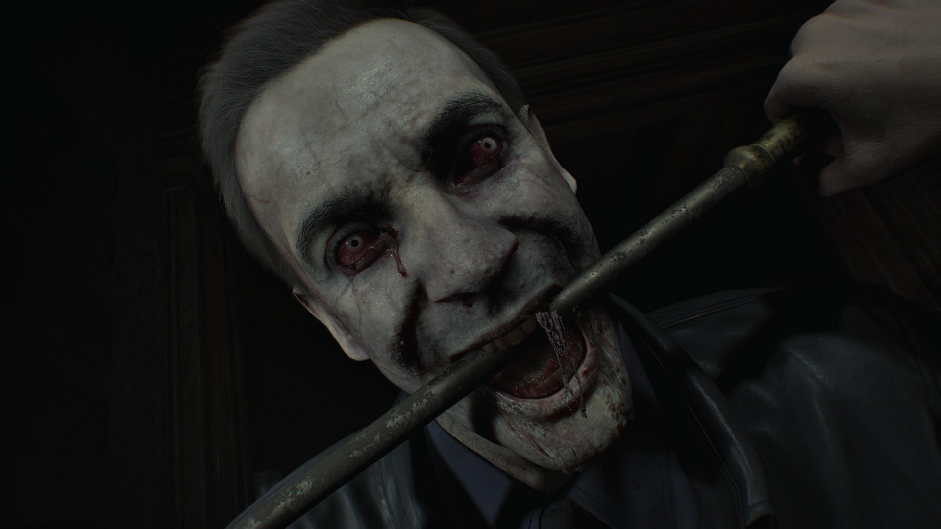 A zombie police officer bits a poker in Resident Evil Requiem