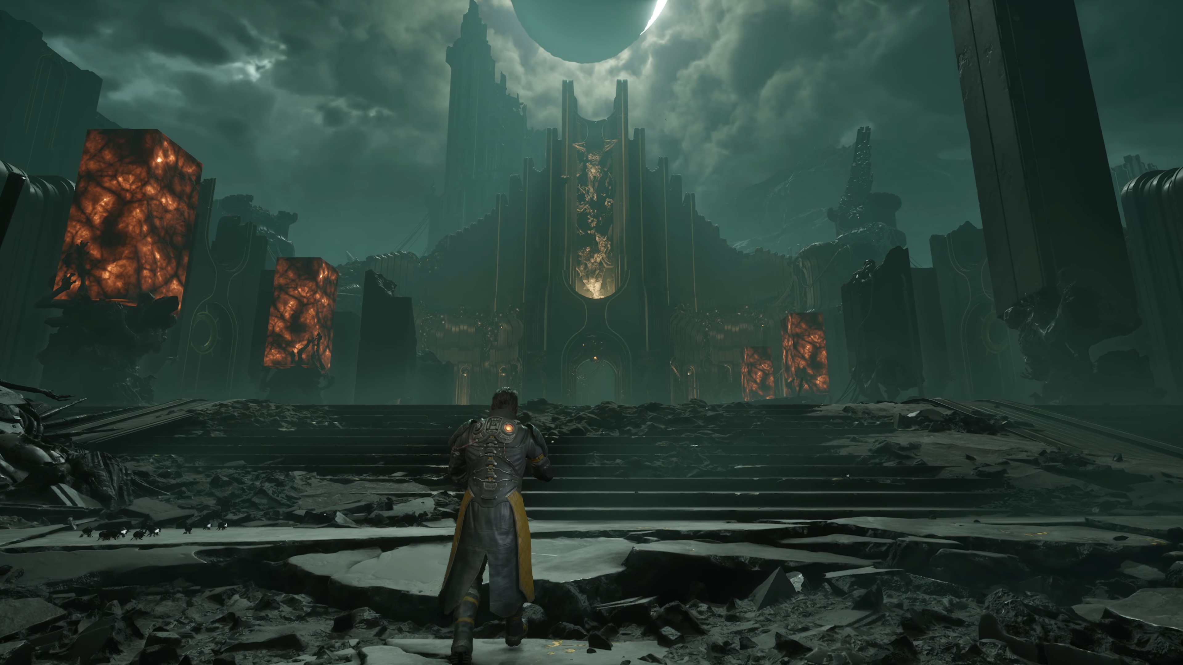 Saros trailer screenshot showing the playable character in third-person exploring a sci-fi world.