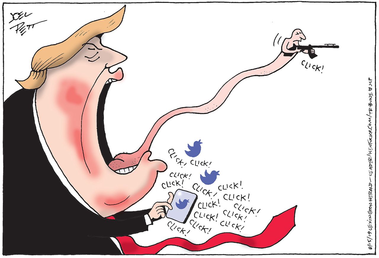 Political Cartoon U.S. Trump Racist Tweets Inspiring Mass Shooters White Supremacist