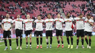 The VFB Stuttgart players celebrate their semi-final win over RB Leipzig in the DFB Pokal.