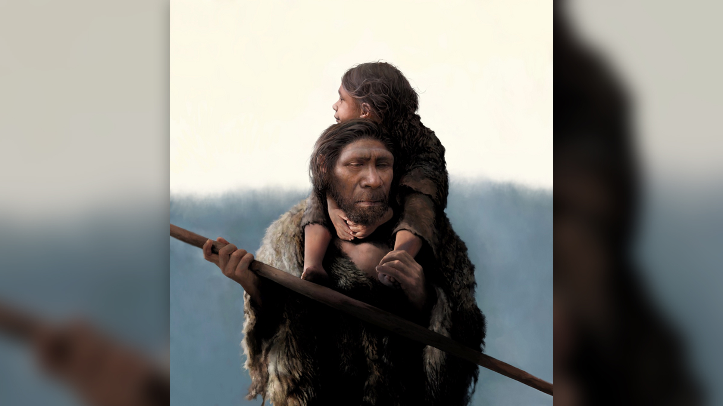 An artist's depiction of a Neanderthal girl riding on her father's shoulders. 