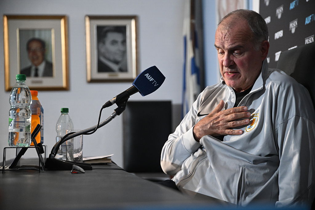 MONTEVIDEO, URUGUAY - NOVEMBER 20: Head coach Marcelo Bielsa of Uruguay speaks during a press conference at Centenario Stadium on November 20, 2025 in Montevideo, Uruguay. (Photo by Guillermo Legaria/Getty Images)