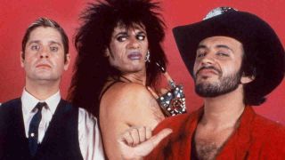 A still from the movie Trick Or Treat with Ozzy Osbourne, Gene Simmons and actor Tony Fields in character