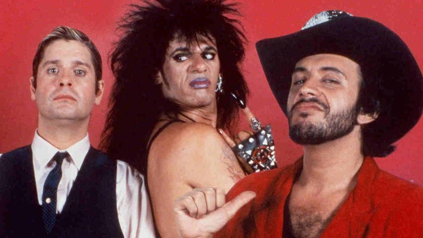 A still from the movie Trick Or Treat with Ozzy Osbourne, Gene Simmons and actor Tony Fields in character