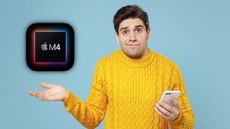 A confused man gesturing to the Apple M4 chip logo.
