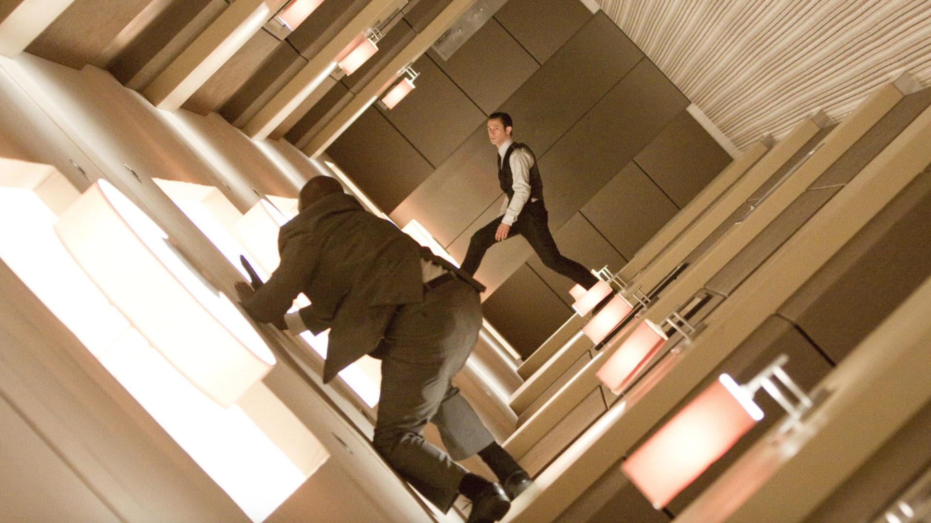 Screenshot from the rotating hallway fight in the sci-fi movie Inception (2010)