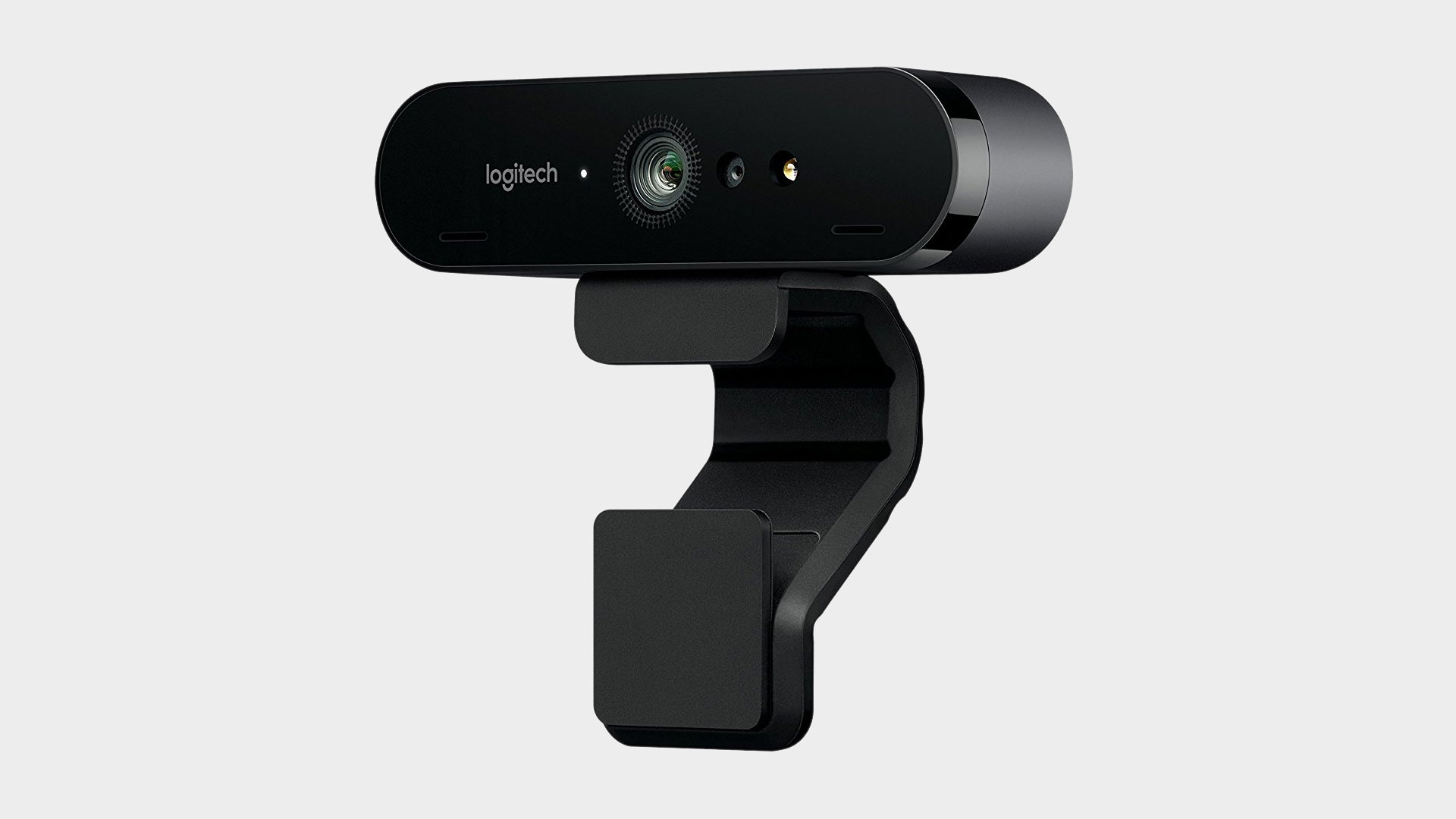 Logitech Brio webcam pictured with stand.