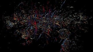 A data plot of the radio filaments, bursting out of the center of the galaxy like fireworks