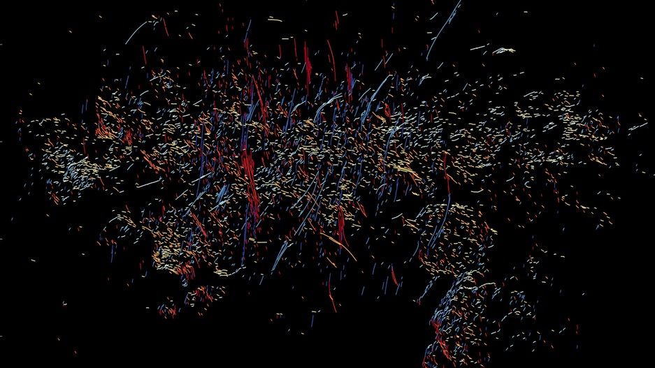 A data plot of the radio filaments, bursting out of the center of the galaxy like fireworks