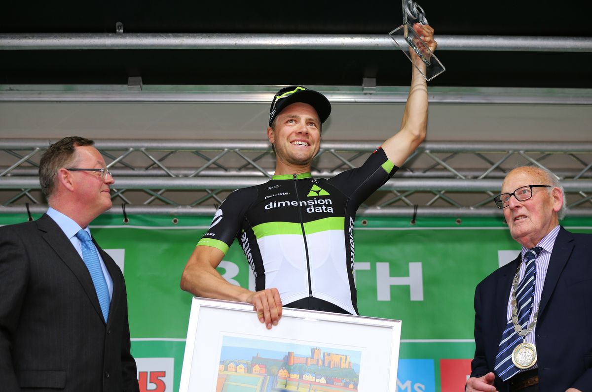 Edvald Boasson Hagen on the podium as the stage winner