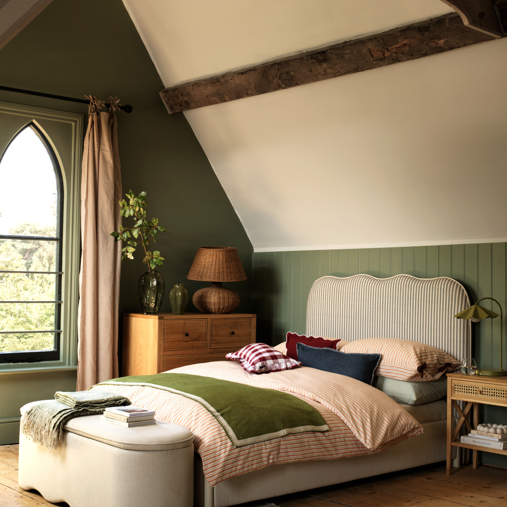 Habitat XL Wicker Table Lamp in a green farmhouse style bedroom.